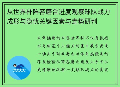 从世界杯阵容磨合进度观察球队战力成形与隐忧关键因素与走势研判
